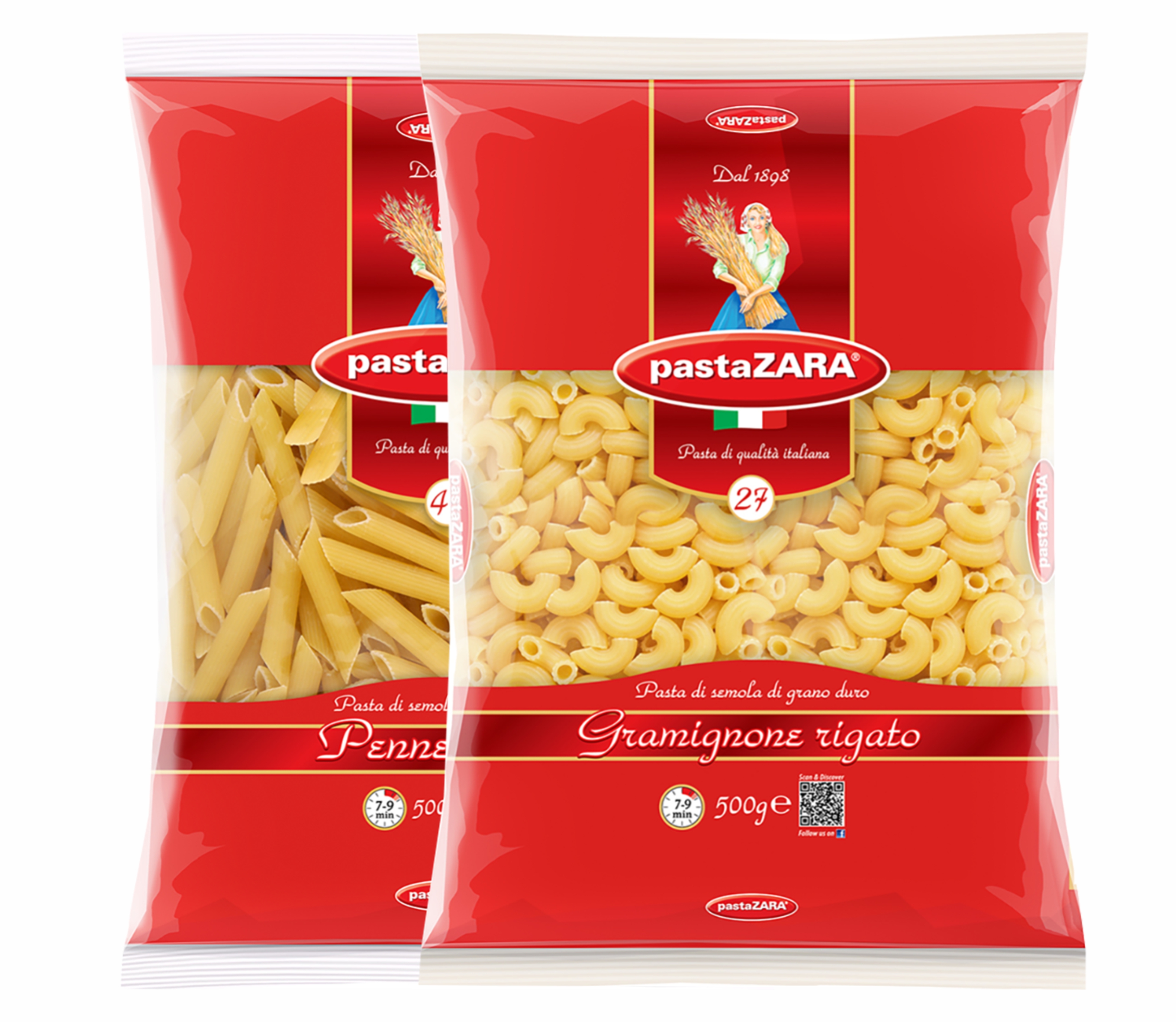Изделия макаронные «Pasta Zara», гр. А, 500 г, - перья, - рожки спирали